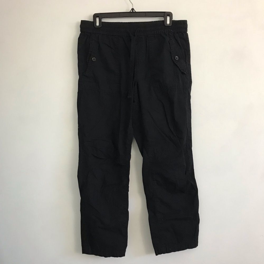 Loft Cargo Pant Womens Black Pull On Cropped Bottoms Drawstring Sz 6